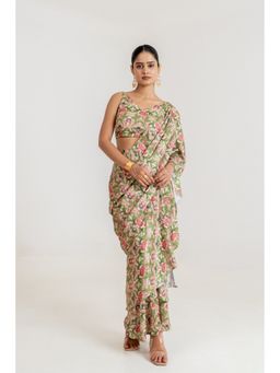 Pasha India - Regal Green Tiered Saree with Stitched Blouse