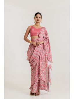 Pasha India - Dusty Pink Tiered Saree with Stitched Blouse