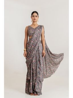 Pasha India - Black Botanica Ultra Draped Saree with Stitched Blouse