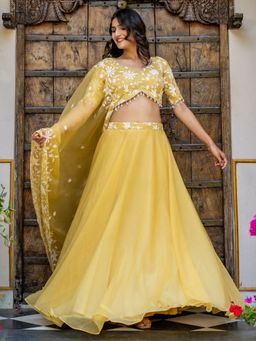 HOUSE OF JAMOTI - Women Yellow Chiffon Embroidered Lehenga with Blouse and Dupatta