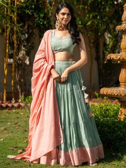 HOUSE OF JAMOTI - Women Green Chanderi Embellished Lehenga with Blouse and Dupatta