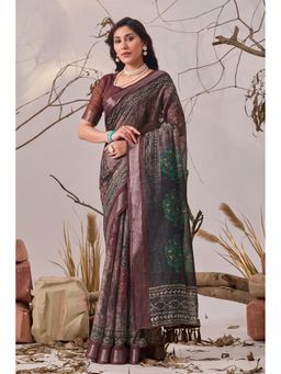 AMRUTKALA SAREES - Women Brown Linen Printed Saree with Unstitched Blouse