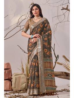 AMRUTKALA SAREES - Women Mustard Linen Floral Saree with Unstitched Blouse