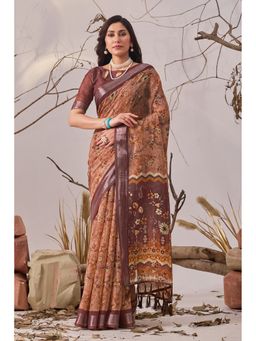 AMRUTKALA SAREES - Women Orange Linen Floral Saree with Unstitched Blouse