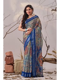 AMRUTKALA SAREES - Women Blue Linen Printed Saree with Unstitched Blouse