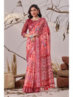 AMRUTKALA SAREES - Women Pink Linen Floral Saree with Unstitched Blouse