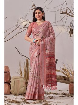 AMRUTKALA SAREES - Women Peach Linen Floral Saree with Unstitched Blouse