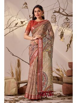 AMRUTKALA SAREES - Women Multi-Color Linen Paisley Saree with Unstitched Blouse