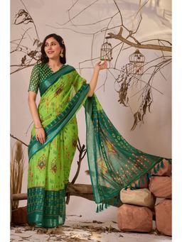 AMRUTKALA SAREES - Women Green Linen Geometric Saree with Unstitched Blouse