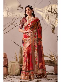 AMRUTKALA SAREES - Women Red Linen Floral Saree with Unstitched Blouse