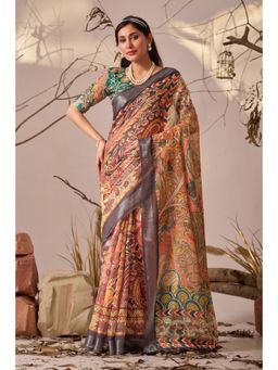 AMRUTKALA SAREES - Women Orange Linen Printed Saree with Unstitched Blouse