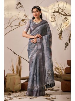 AMRUTKALA SAREES - Women Grey Linen Printed Saree with Unstitched Blouse