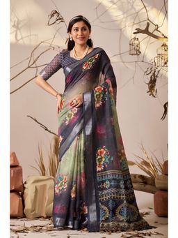 AMRUTKALA SAREES - Women Black Linen Floral Saree with Unstitched Blouse
