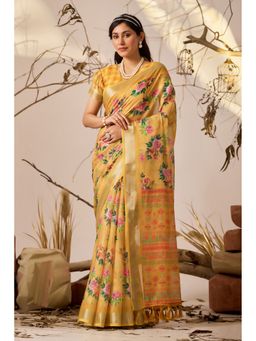 AMRUTKALA SAREES - Women Yellow Linen Floral Saree with Unstitched Blouse