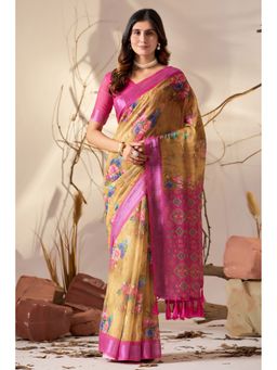 AMRUTKALA SAREES - Women Yellow Linen Floral Saree with Unstitched Blouse