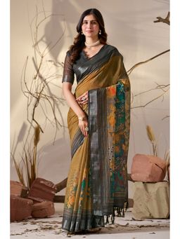 AMRUTKALA SAREES - Women Mustard Linen Printed Saree with Unstitched Blouse