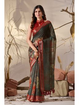 AMRUTKALA SAREES - Women Green Linen Floral Saree with Unstitched Blouse