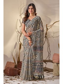 AMRUTKALA SAREES - Women Grey Georgette Floral Saree with Unstitched Blouse