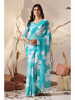 AMRUTKALA SAREES - Women Blue Georgette Floral Saree with Unstitched Blouse