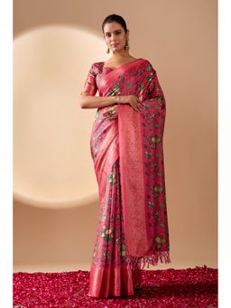 AMRUTKALA SAREES - Women Pink Silk Floral Saree with Unstitched Blouse