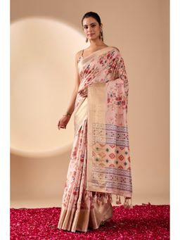 AMRUTKALA SAREES - Women Beige Silk Floral Saree with Unstitched Blouse