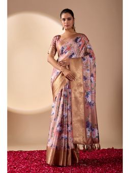 AMRUTKALA SAREES - Women Peach Silk Floral Saree with Unstitched Blouse