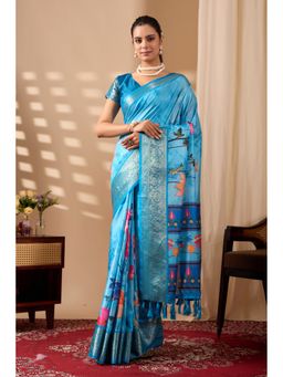 AMRUTKALA SAREES - Women Blue Silk Floral Saree with Unstitched Blouse