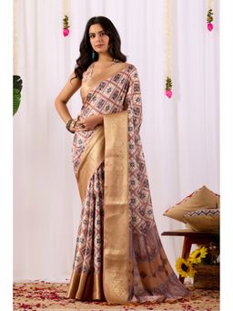 AMRUTKALA SAREES - Women Beige Silk Geometric Saree with Unstitched Blouse