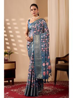 AMRUTKALA SAREES - Women Blue Silk Floral Saree with Unstitched Blouse
