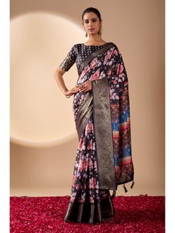 AMRUTKALA SAREES - Women Black Silk Floral Saree with Unstitched Blouse