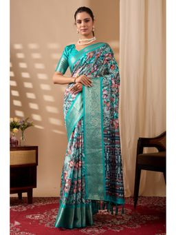 AMRUTKALA SAREES - Women Blue Silk Printed Saree with Unstitched Blouse