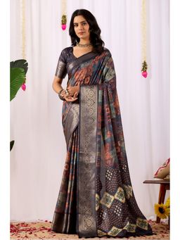 AMRUTKALA SAREES - Women Black Silk Printed Saree with Unstitched Blouse