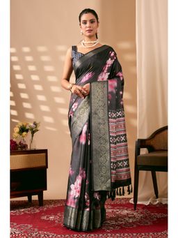 AMRUTKALA SAREES - Women Black Silk Floral Saree with Unstitched Blouse