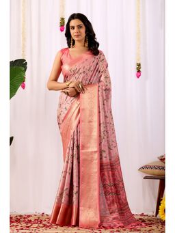 AMRUTKALA SAREES - Women Peach Silk Floral Saree with Unstitched Blouse