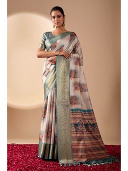 AMRUTKALA SAREES - Women Cream Silk Floral Saree with Unstitched Blouse