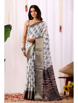 AMRUTKALA SAREES - Women White Silk Printed Saree with Unstitched Blouse