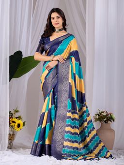 AMRUTKALA SAREES - Women Blue Silk Abstract Saree with Unstitched Blouse