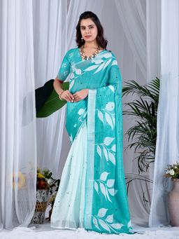 AMRUTKALA SAREES - Women Teal Linen Floral Saree with Unstitched Blouse