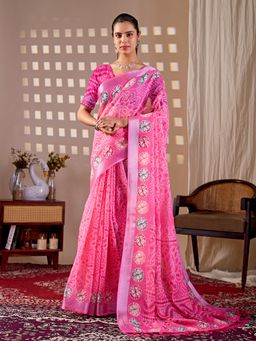 AMRUTKALA SAREES - Women Pink Linen Printed Saree with Unstitched Blouse