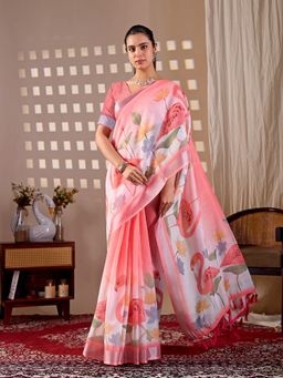 AMRUTKALA SAREES - Women Pink Linen Floral Saree with Unstitched Blouse