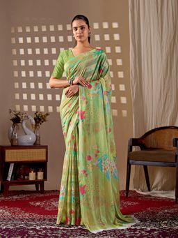 AMRUTKALA SAREES - Women Green Silk Floral Saree with Unstitched Blouse
