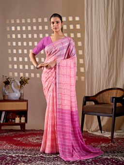 AMRUTKALA SAREES - Women Pink Silk Stripes Saree with Unstitched Blouse