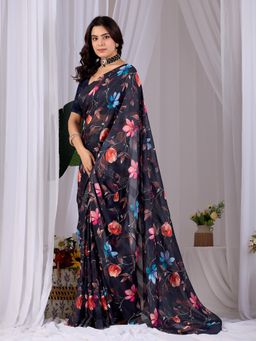 AMRUTKALA SAREES - Women Blue Silk Floral Saree with Unstitched Blouse