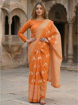 AMRUTKALA SAREES - Orange Designer Cotton Silk Kanjivaram Woven Saree with Unstitched Blouse