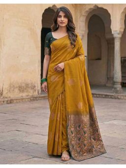 AMRUTKALA SAREES - Yellow Designer Banarasi Silk Kanjivaram Woven Saree with Unstitched Blouse