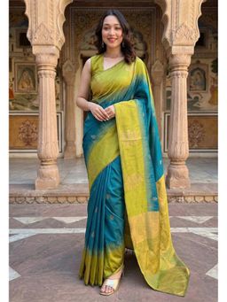 AMRUTKALA SAREES - Teal Designer Banarasi Silk Kanjivaram Woven Saree with Unstitched Blouse