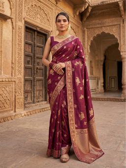 AMRUTKALA SAREES - Maroon Designer Banarasi Silk Kanjivaram Woven Saree with Unstitched Blouse