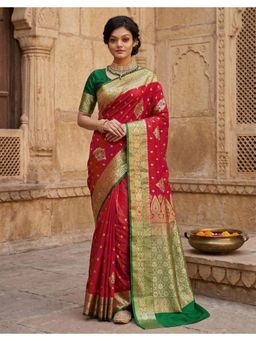 AMRUTKALA SAREES - Red Designer Banarasi Silk Kanjivaram Woven Saree with Unstitched Blouse