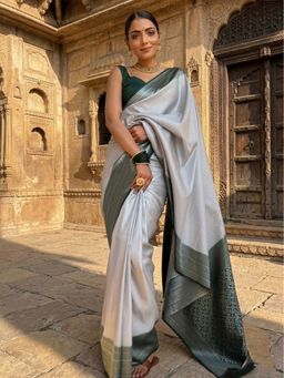 AMRUTKALA SAREES - White Designer Banarasi Silk Kanjivaram Woven Saree with Unstitched Blouse