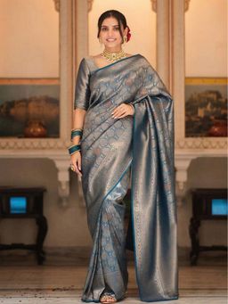 AMRUTKALA SAREES - Teal Designer Banarasi Silk Kanjivaram Woven Saree with Unstitched Blouse